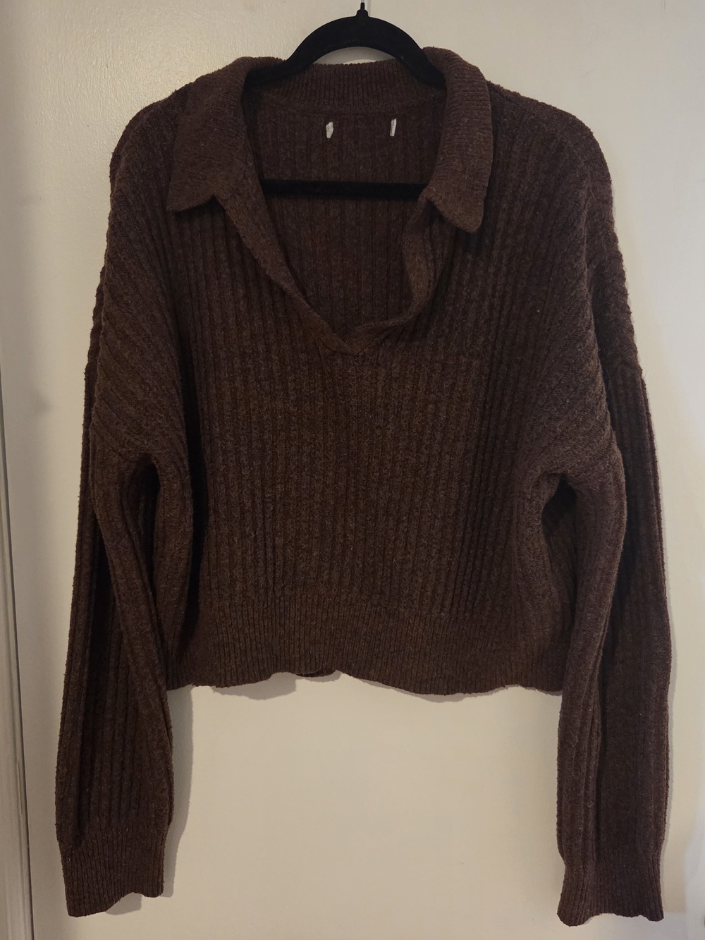 Brown Ribbed Collared V-Neck Women's Sweater